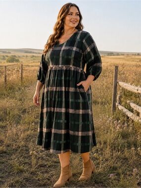 Polagram 3XL Green Windowpane Plaid Cotton Dress | Cottagecore | Pockets